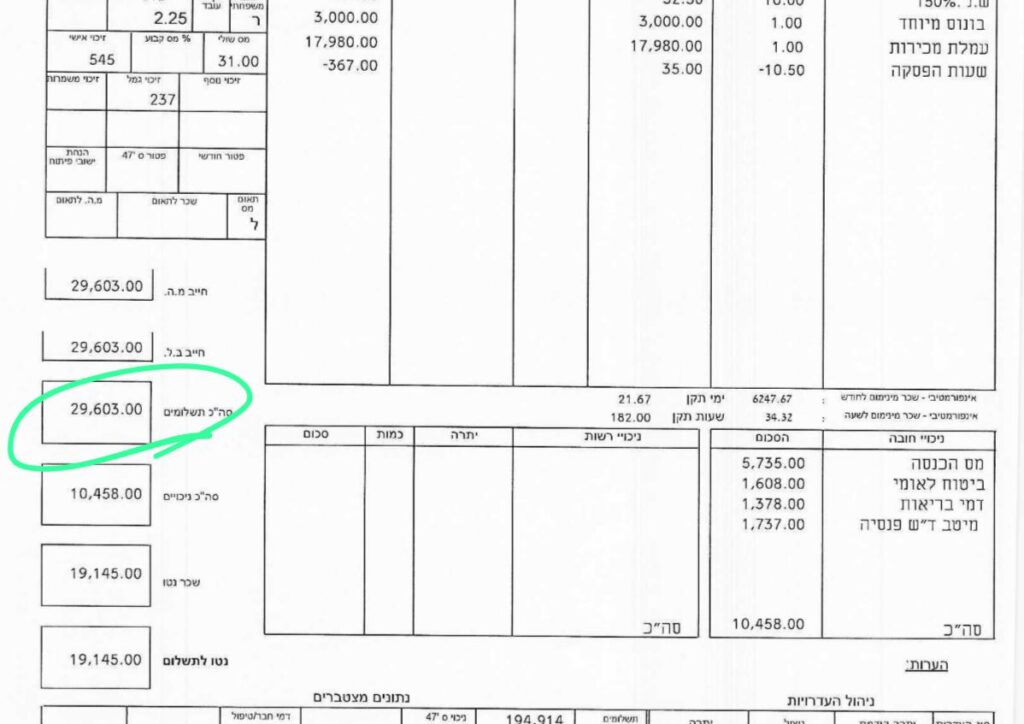 תלוש שכר של איש מכירות של חברת קינג דיוויד