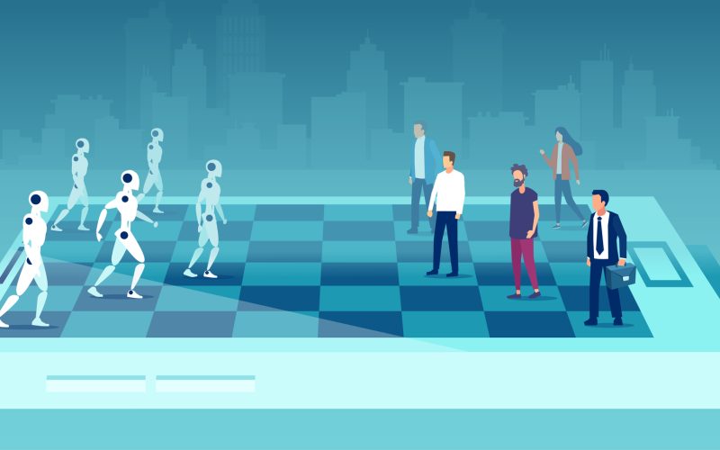 Vector of a businessmen team competing against robots on chess board