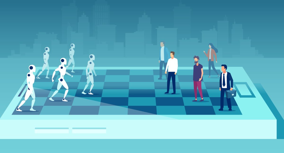 Vector of a businessmen team competing against robots on chess board